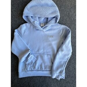 PINK Victoria's Secret Sherpa Lined Hoodie Light Blue Fleece Pullover Size L